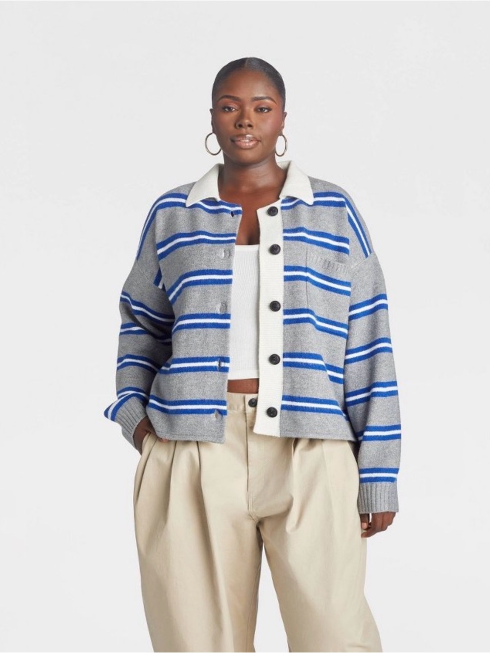 KBB by KAHLANA Women’s Striped ‘The School Boy  Cardigan Sweater’ - Size 2x